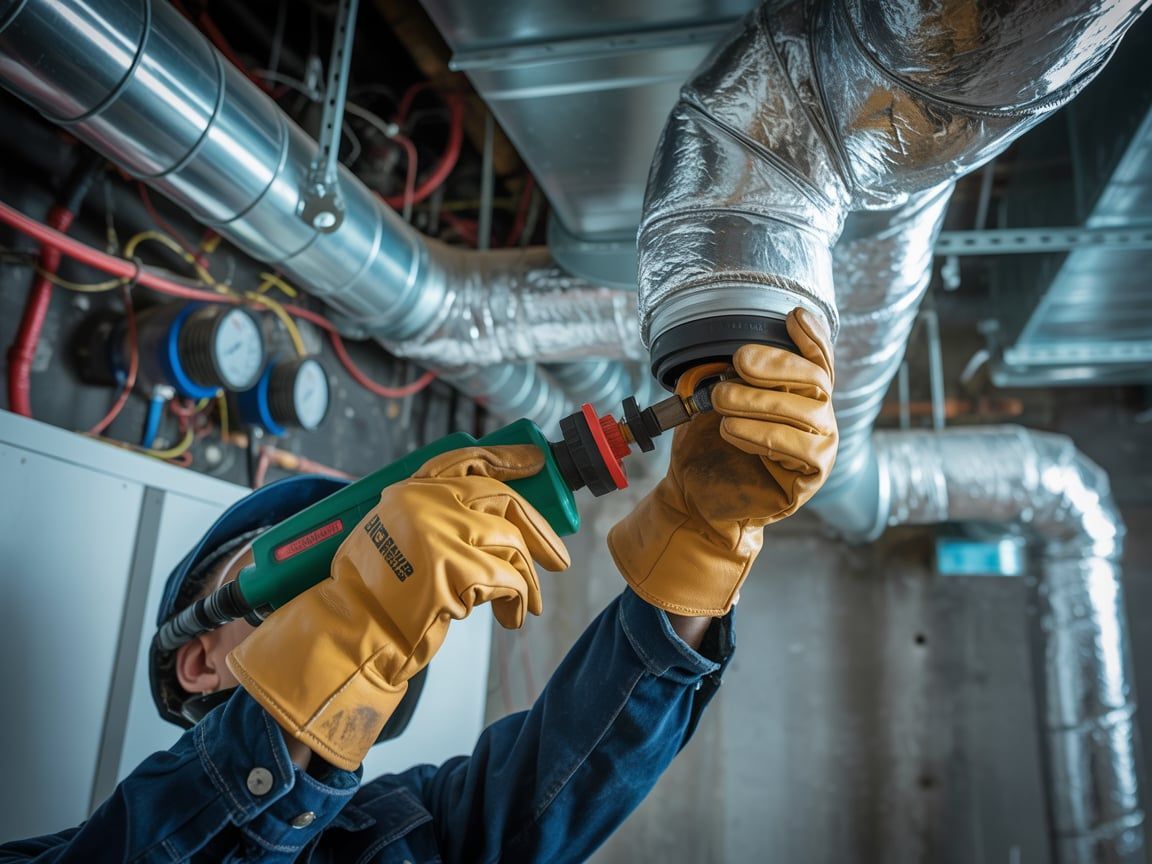 A worker in work gloves uses a heat gun on insulated ductwork, near pipes and wires.