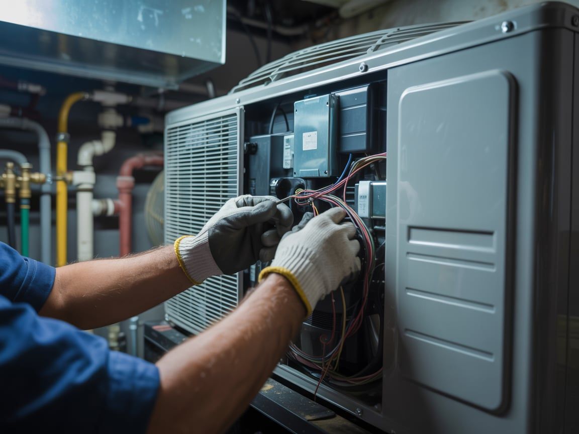 HVAC technician in gloves wiring an open air conditioning unit in a basement.