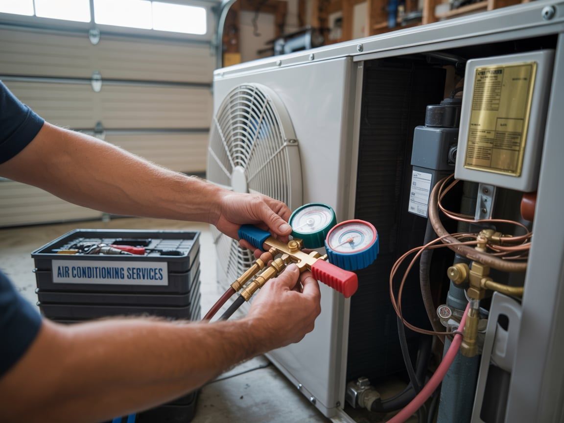 HVAC technician servicing an air conditioner outside a garage, using gauges and tools.