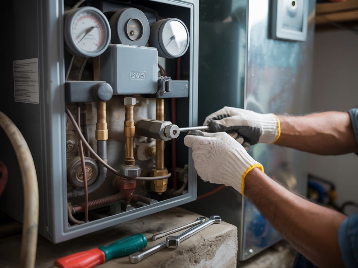 Person in gloves repairs boiler with wrenches.