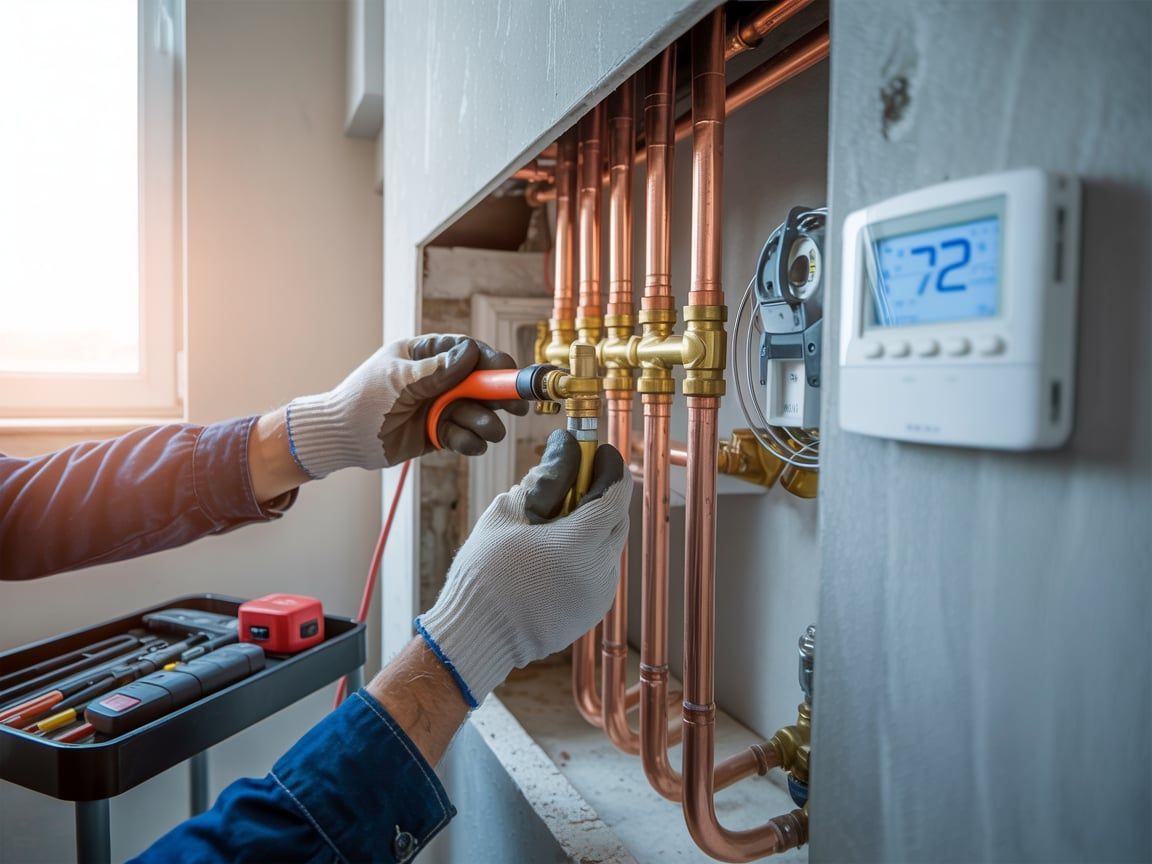 Plumber working on copper pipes in a utility room, using tools; a thermostat displays 72 degrees.