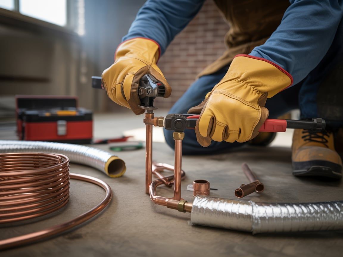 Plumber in gloves connecting copper pipes with a wrench on the floor, tools nearby.