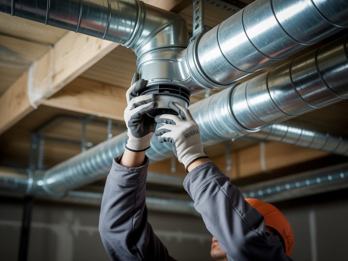 HVAC worker installing ductwork; wearing a hard hat and gloves; indoors, near wooden ceiling.