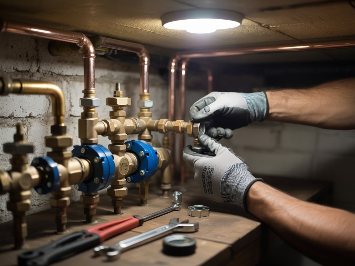 Plumber in gloves working on copper pipes and valves with tools in a basement.