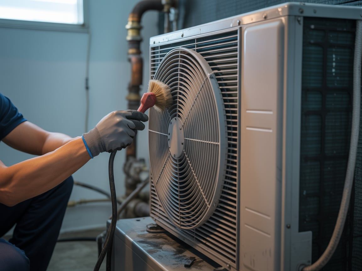 Person wearing gloves cleaning an outdoor air conditioner unit with a brush.