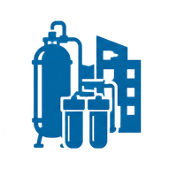 Blue industrial plant icon with tanks, pipes, and factory buildings