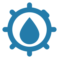 Blue gear-shaped icon with a water droplet in the center