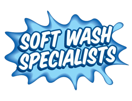 A blue and white logo for soft wash specialists