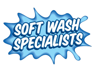 A blue and white logo for soft wash specialists