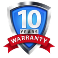 A blue shield with the words 10 years warranty on it