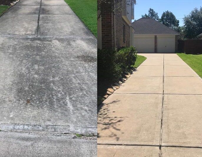 A before and after photo of a concrete driveway in front of a house.