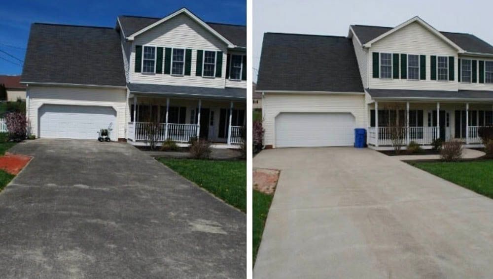 A before and after picture of a house with a driveway