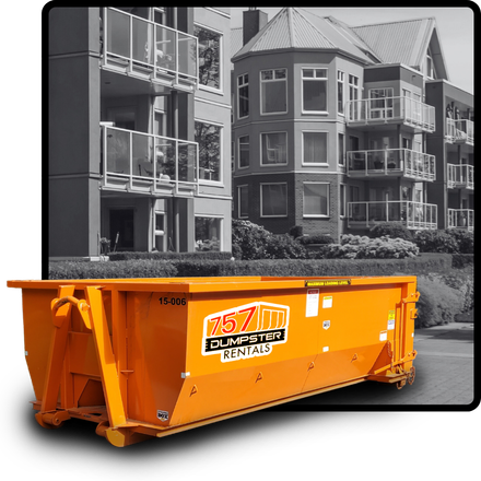 15 cubic yard dumpster in front of a residential building