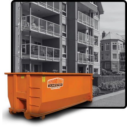 30 cubic yard dumpster in front of a residential building