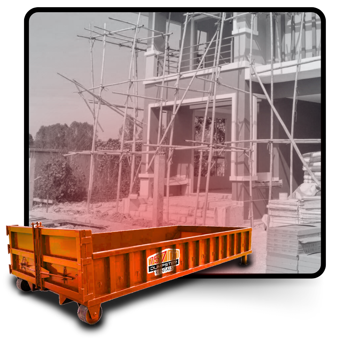 A 757 dumpster in front of a house