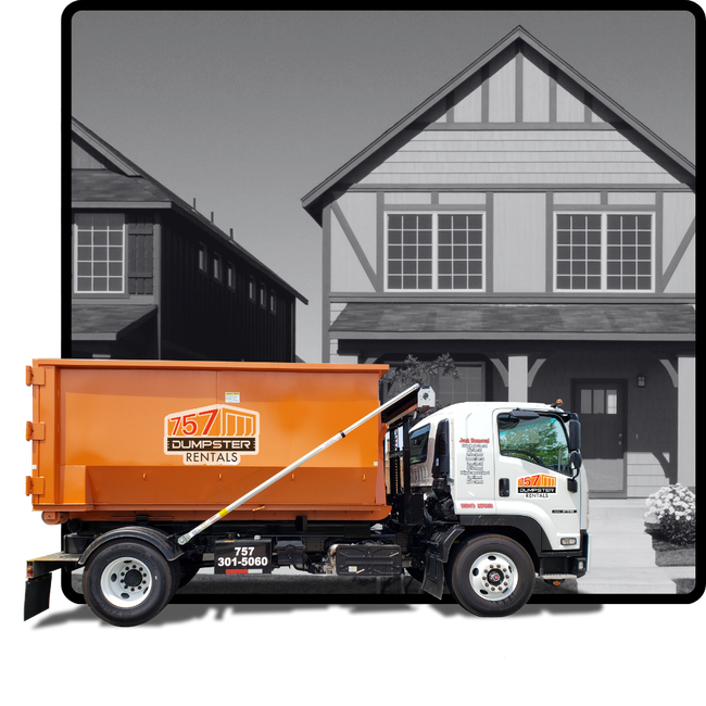 A 757 truck with dumpster in front of a house