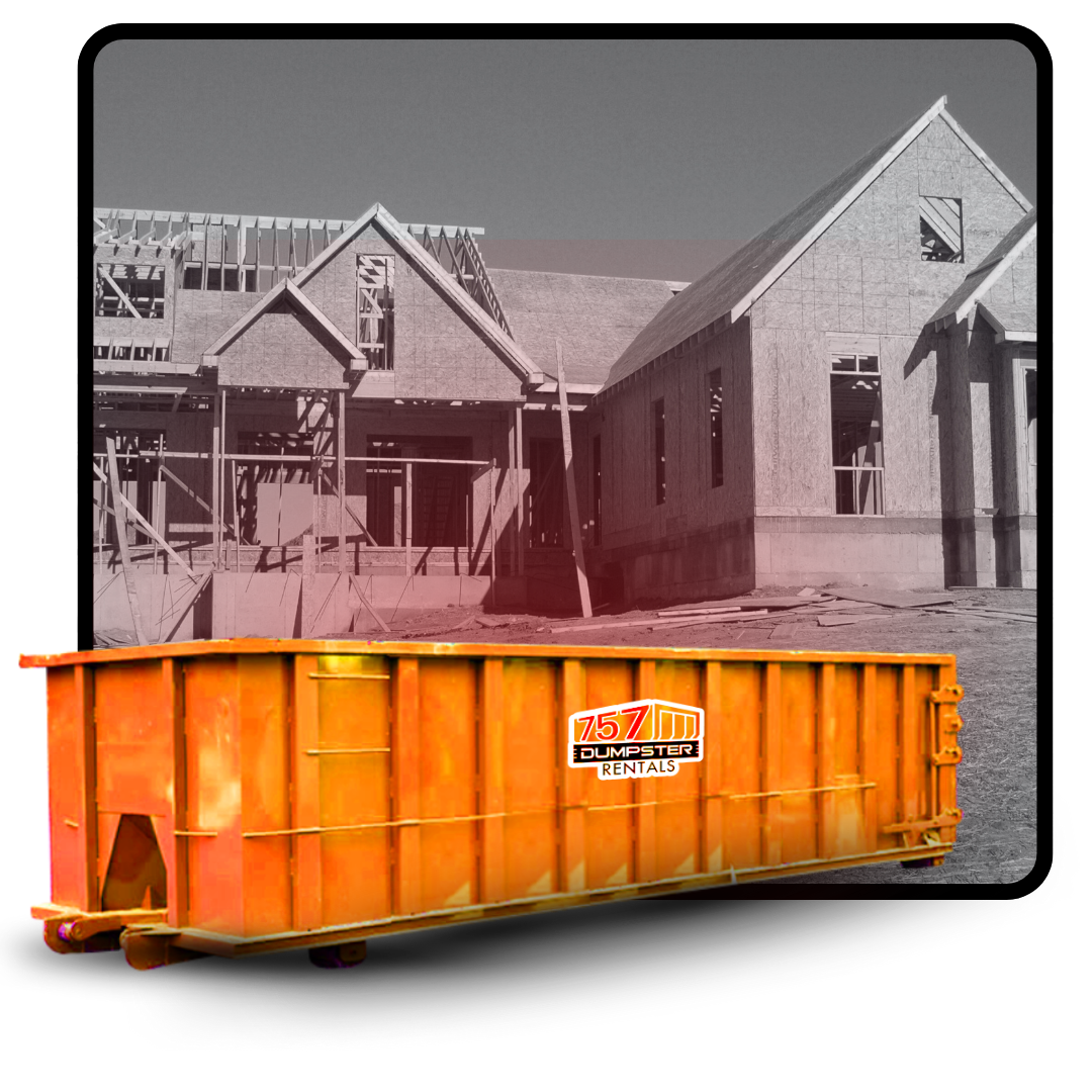 757 dumpster in front of a constructed house