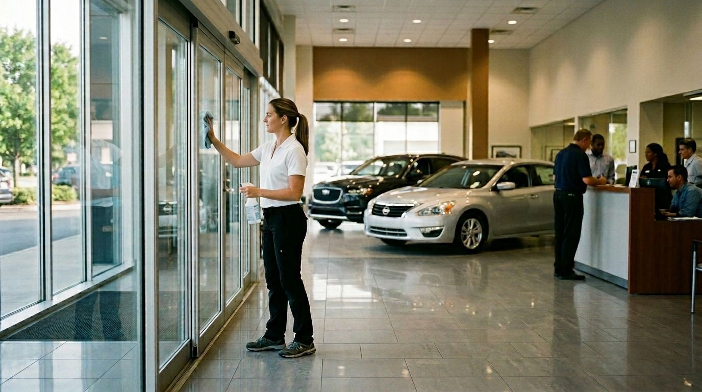 Professional Cleaner Cleaning Glass Entry Doors inside an Auto Dealership Showroom in Chanhassen, MN