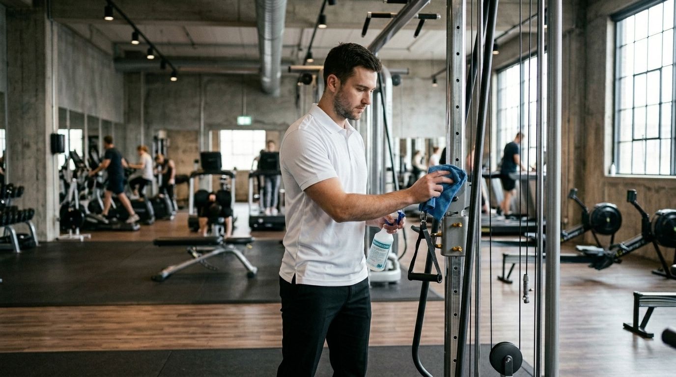 A professional cleaner disinfecting cable machine handles inside a fitness center in Chanhassen, MN.