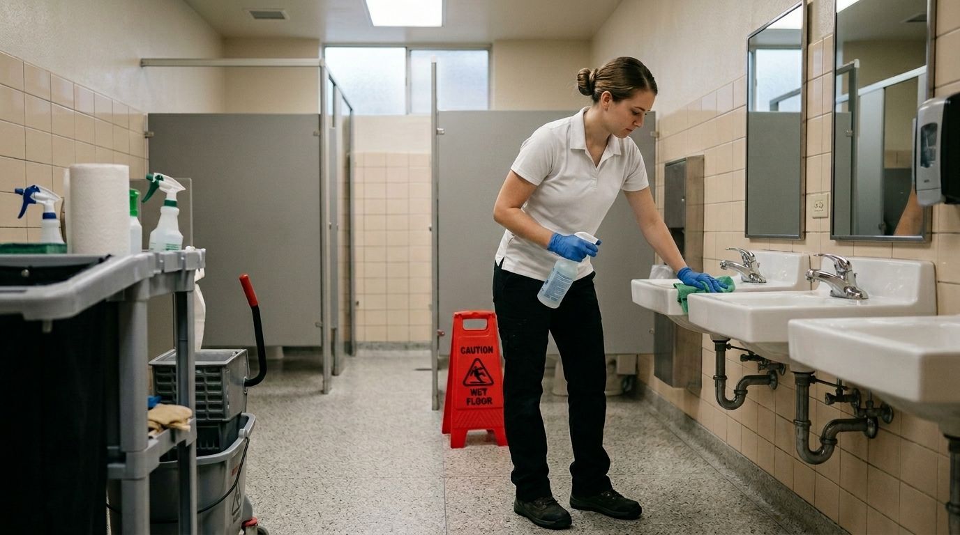Professional Cleaner Disinfecting Restroom Sinks Inside a Religious Facility in Chanhassen, MN.