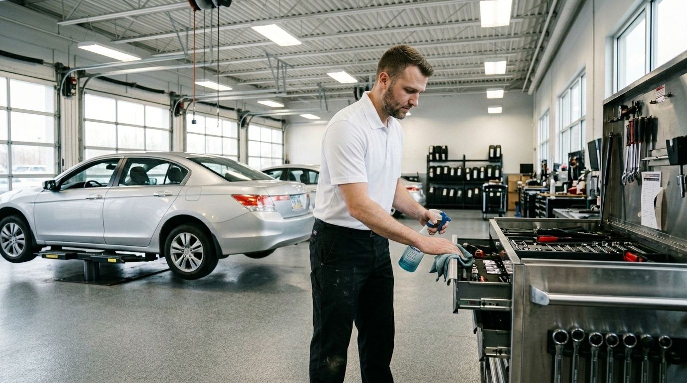 A professional cleaner sanitizing a tool station inside an auto dealership service bay in Chanhassen, MN.