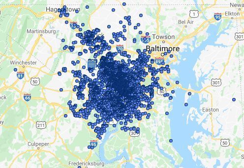 A map of baltimore , maryland with a lot of blue dots on it.
