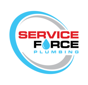 A logo for service force plumbing with a water drop in the middle