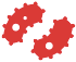 Two red gears with holes in them on a white background.