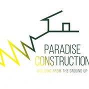 The logo for paradise construction is a building from the ground up.