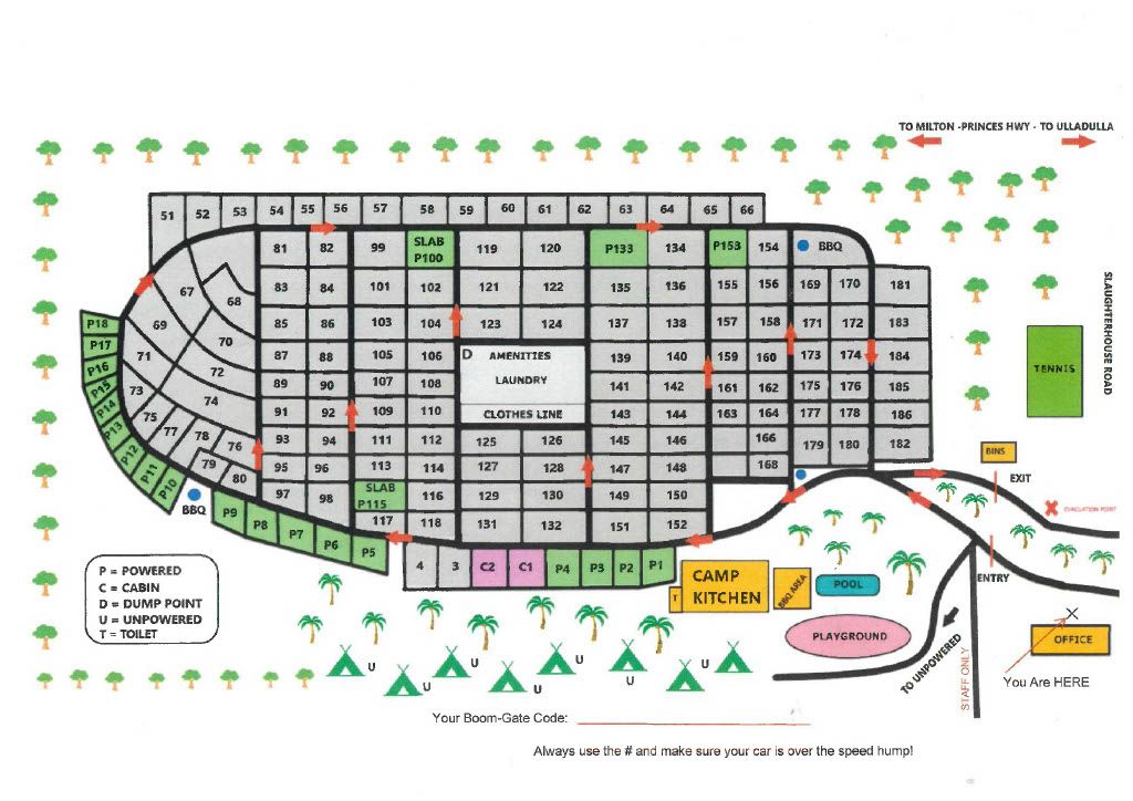 Map of Lake Conjola Waterfront Holiday Park, showing cabins, camping sites, and amenities, adjacent to the lake — SeaChange Parks Milton in Lake Conjola, NSW