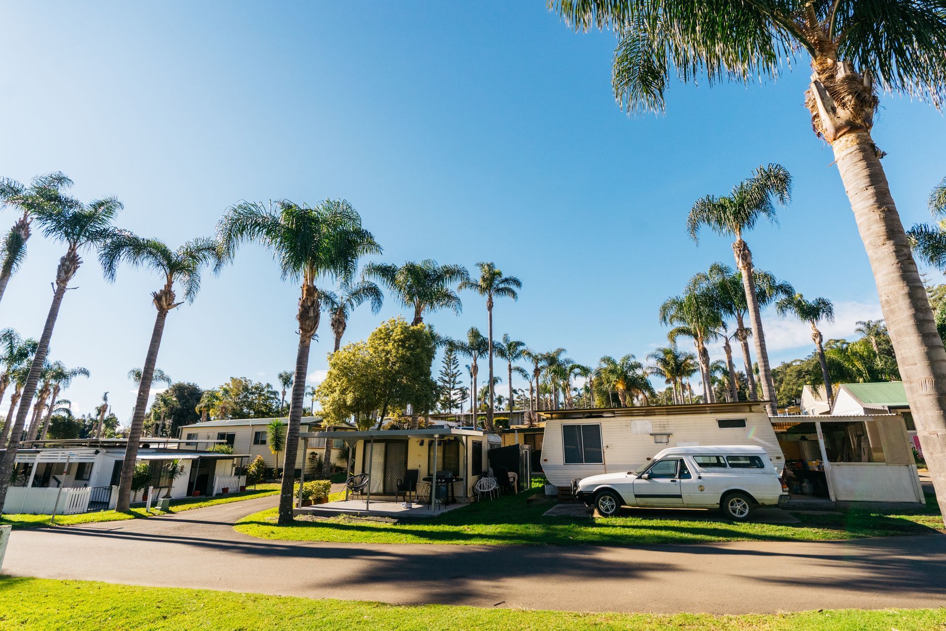 A mobile home park with palm trees under a bright blue sky, featuring a white camper truck parked on a paved road — SeaChange Parks Milton in Milton, NSW