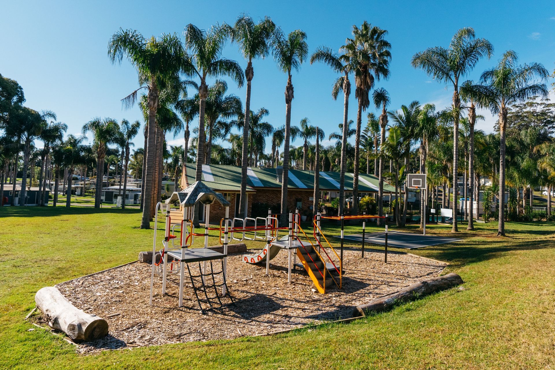 A playground with a wooden climbing structure and wood chips, set in a sunny, palm-lined park area  — SeaChange Parks Milton in Milton, NSW