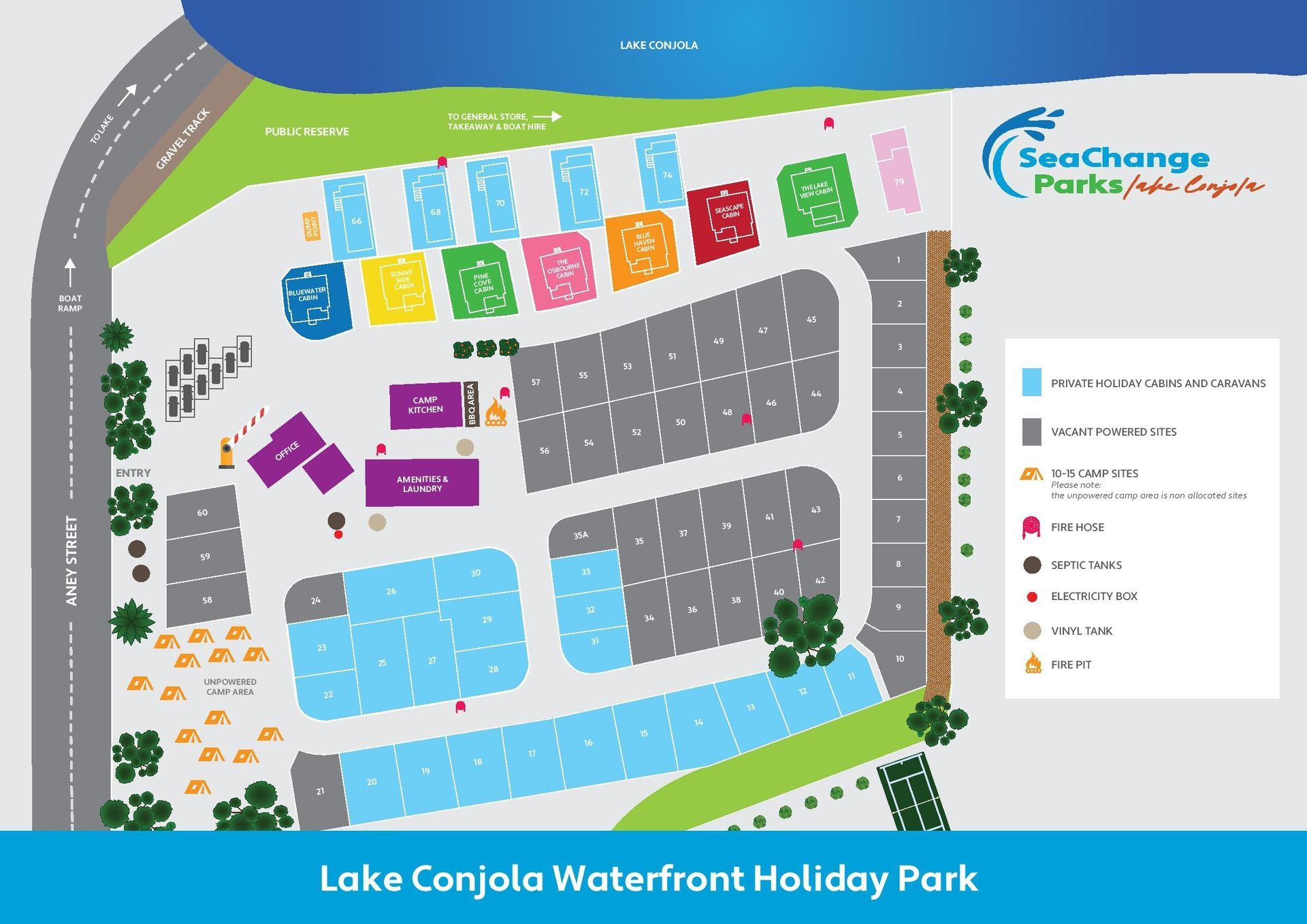 Map of Lake Conjola Waterfront Holiday Park With Colourful Site Markers — SeaChange Parks Milton in Lake Conjola, NSW