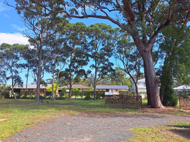 A grassy park with gravel foreground, tall gum trees, and residential houses visible in the background under a blue sky — SeaChange Parks Milton in Lake Conjola, NSW