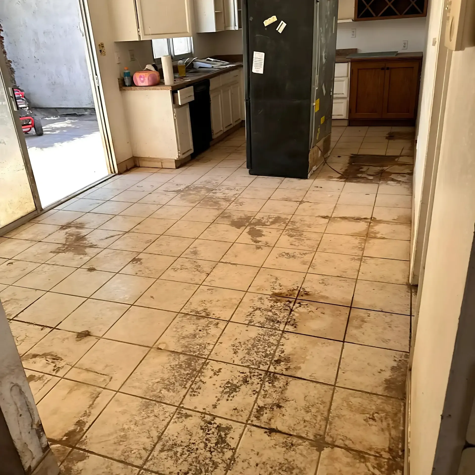Clean Dry Carpet Care - A kitchen with dirty tiles and a black refrigerator