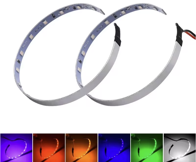 Two curved flexible LED light strips shown in multiple colors including purple, red, orange, blue, green, and white.