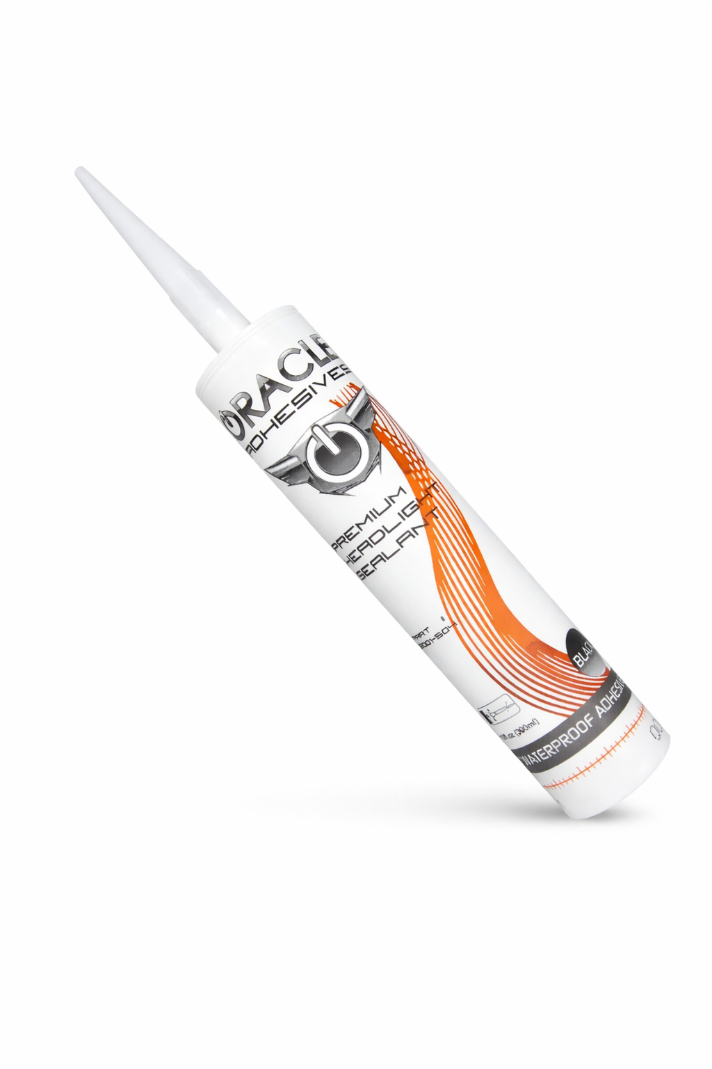 A tube of Oracle Lighting black premium headlight sealant with an attached applicator nozzle.