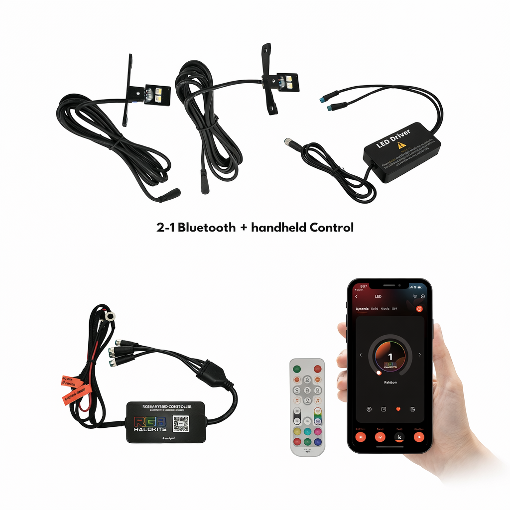 LED lighting kit with a control box, wiring, remote, and a mobile app interface for smartphone control.