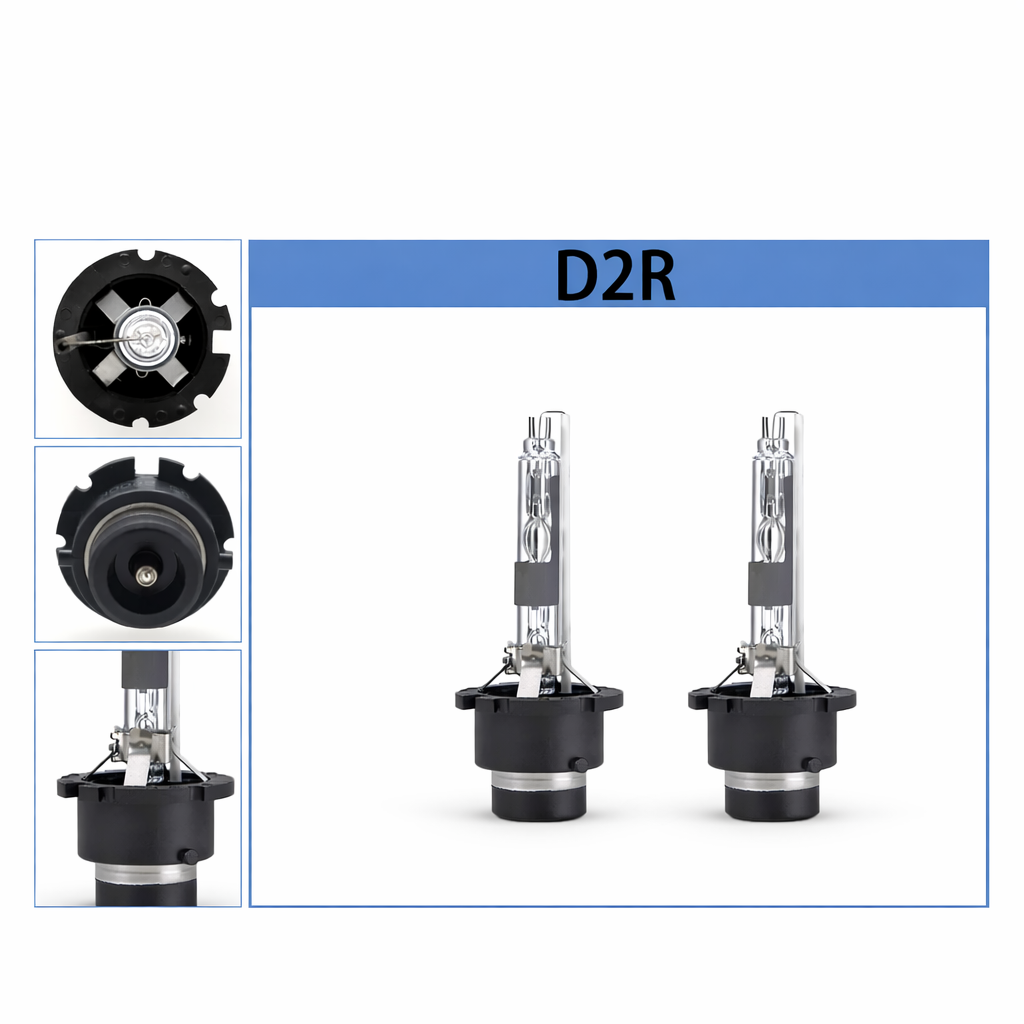 Two D2R HID xenon headlight bulbs with metal bases and black plastic connectors, shown from front and side angles.