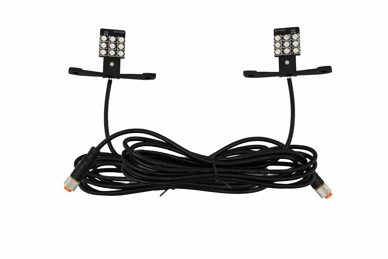 Two LED light modules with mounting brackets connected by a long black wire with white connectors at each end.