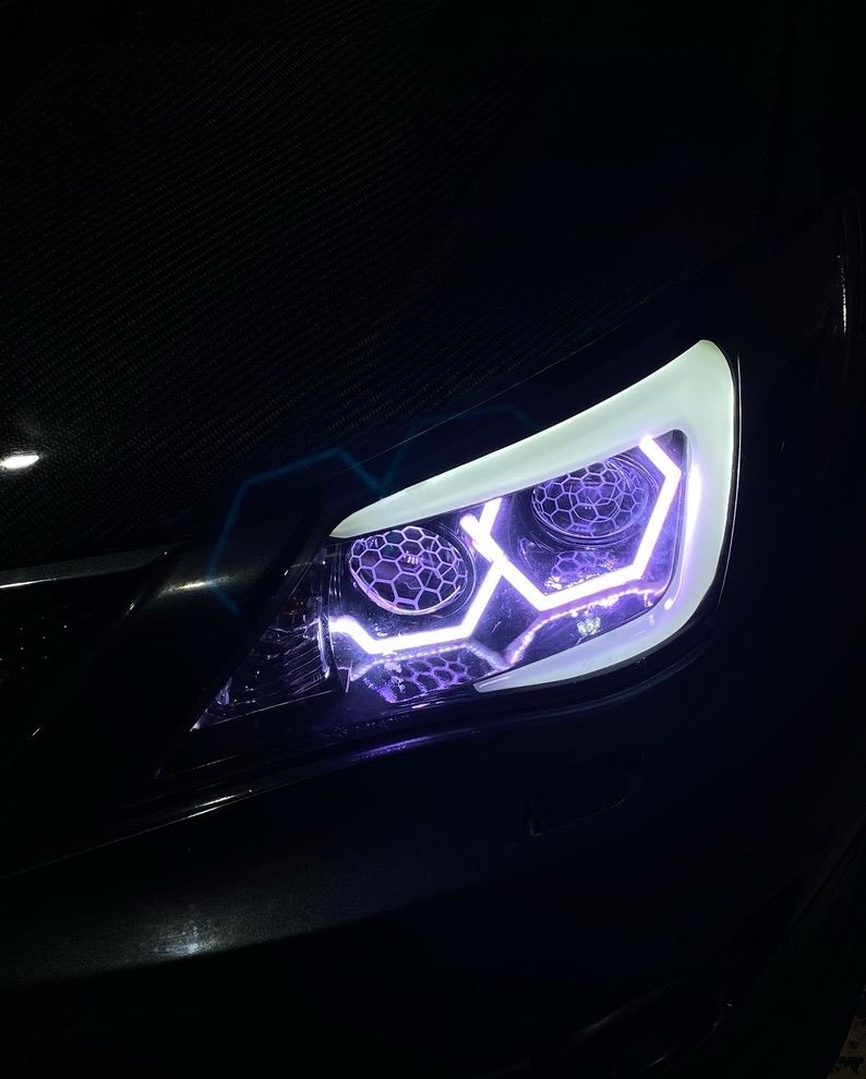 Subaru - Dual Hex RGB, Dual Honeycombed Lens Etched, RGB Demon Eyes, RGB C-Light, Gloss Blackout