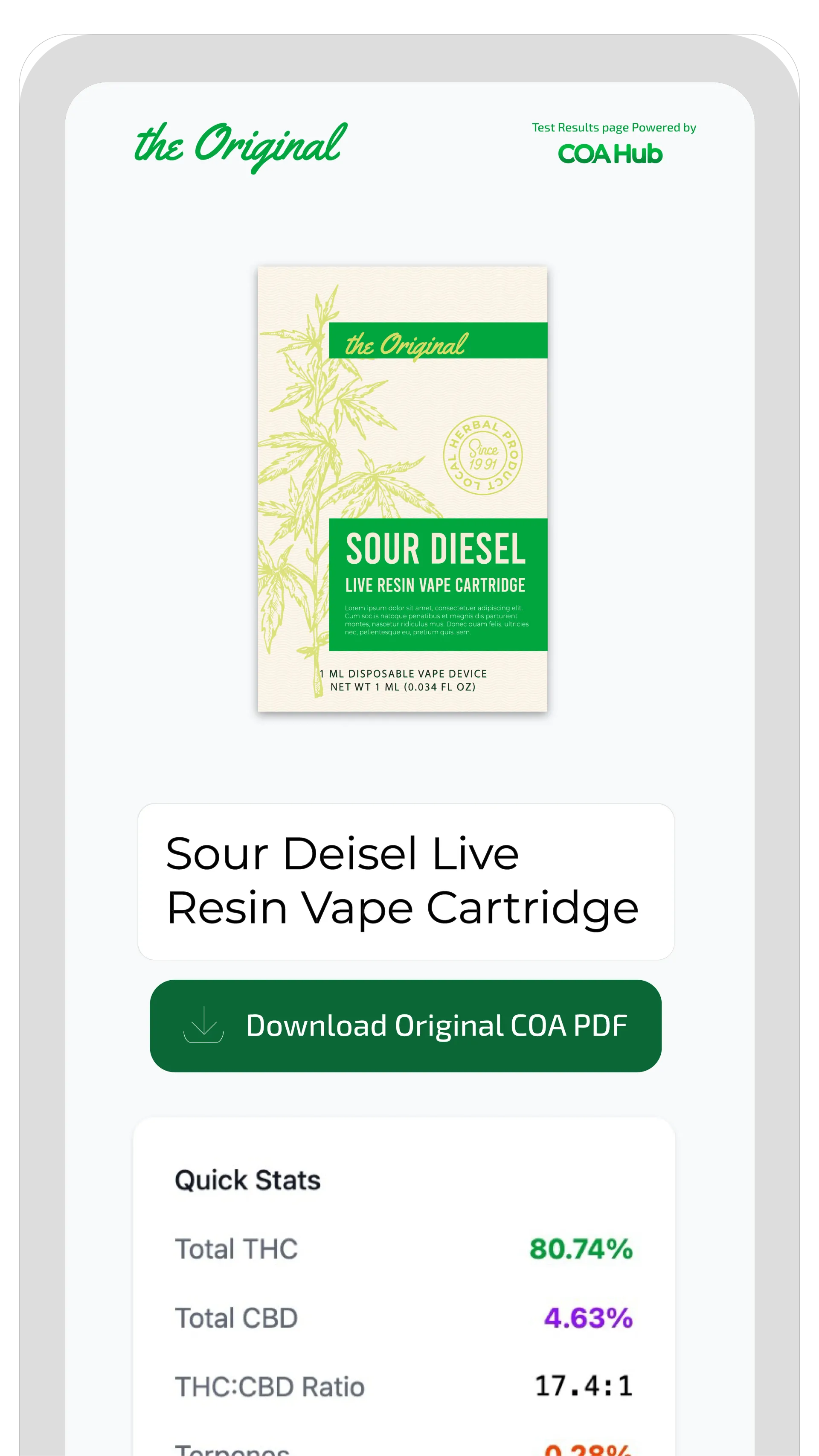 A phone displays product information, including COA values and details for the product.