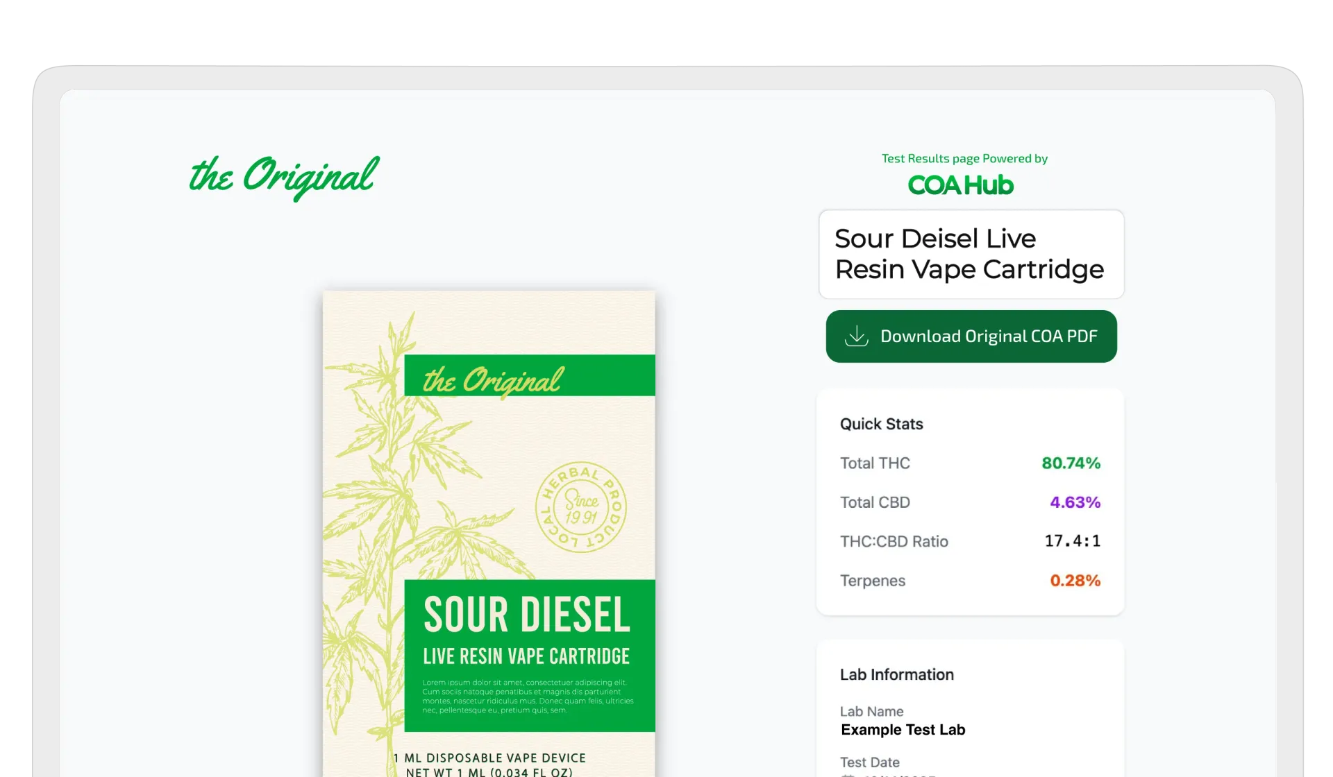 Webpage featuring a hemp product, with product details and a