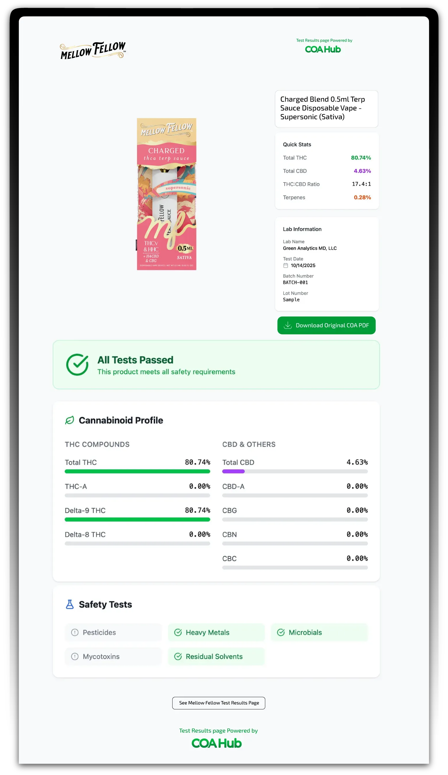 Webpage featuring a hemp product, with product details and a 