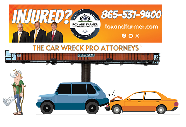 A cartoon of a man standing next to a car and a billboard that says injured ?