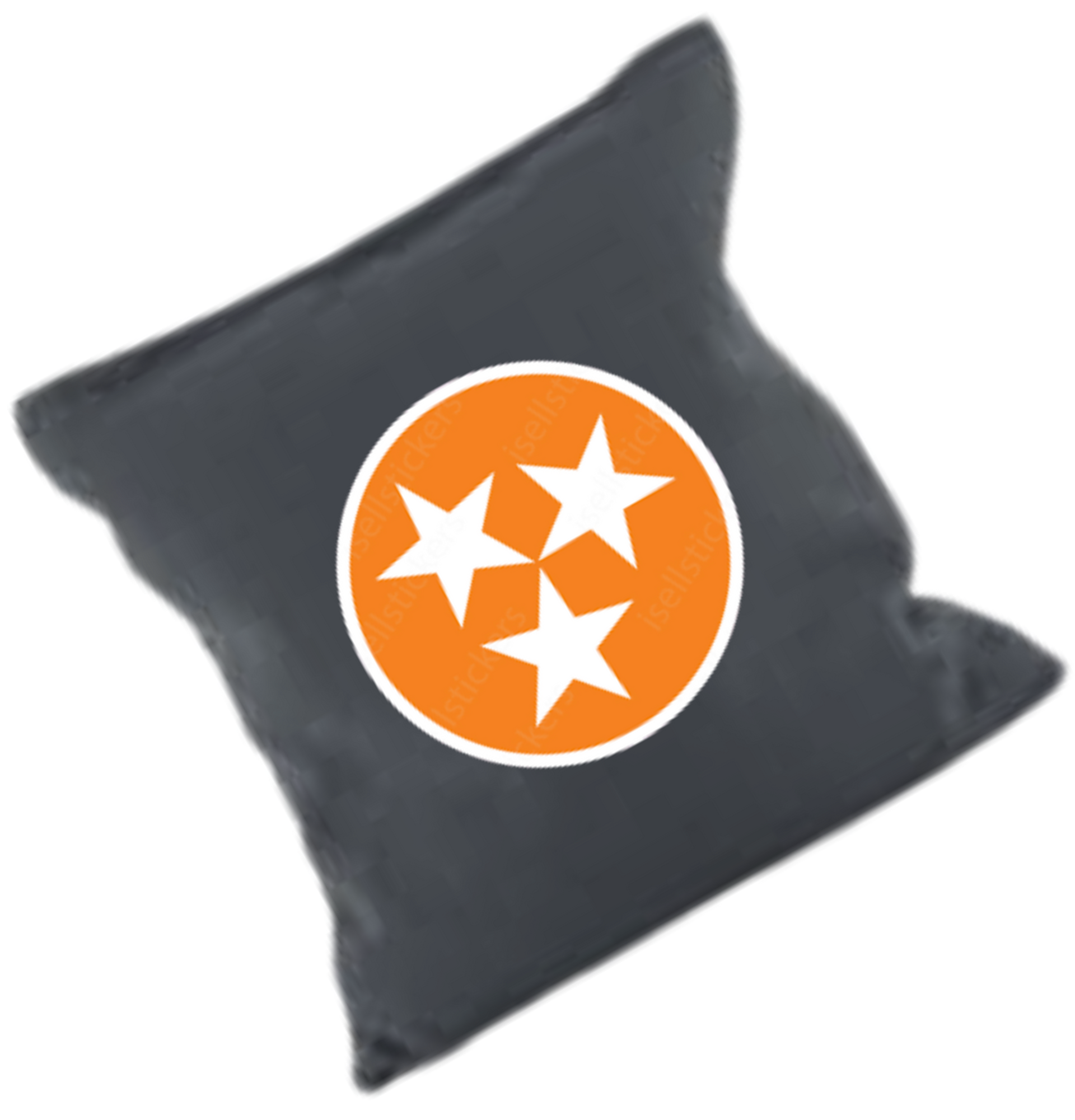 An orange pillow with three white stars in a circle
