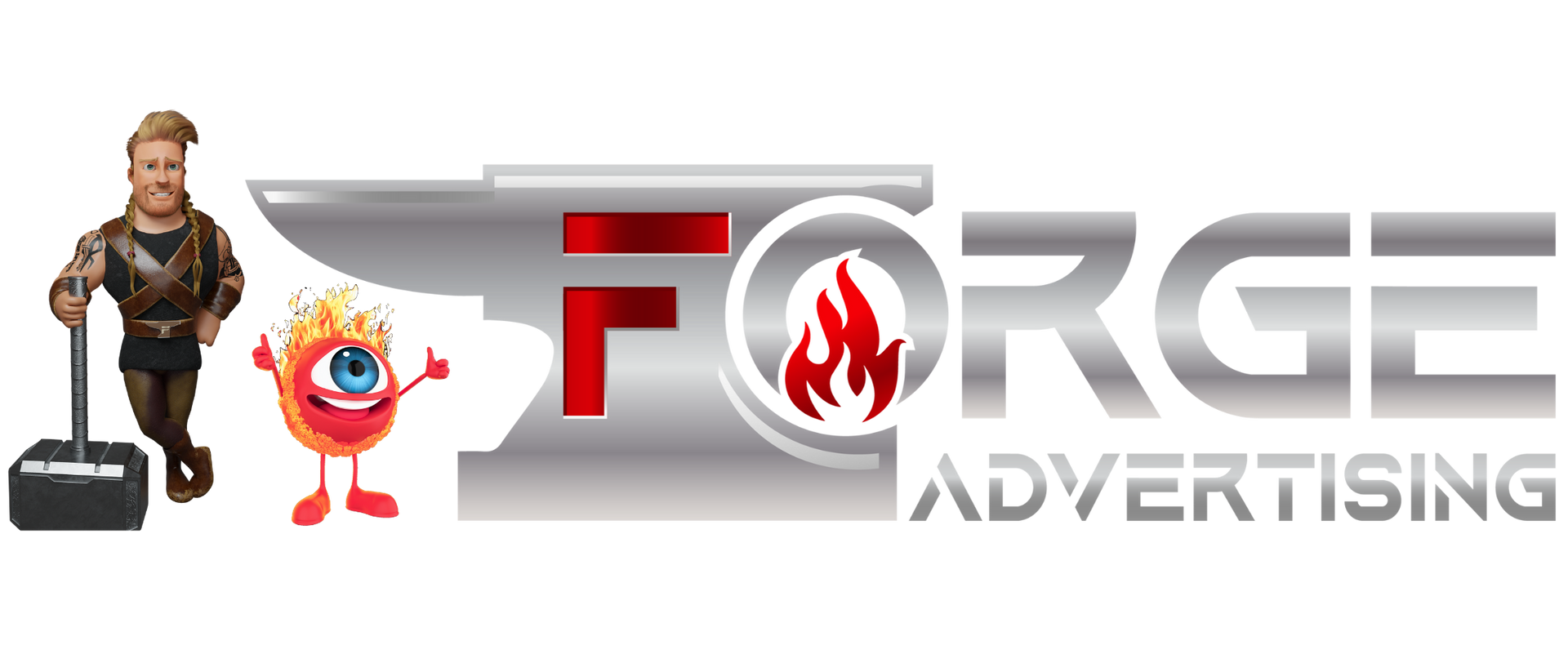 A logo for forge advertising with a flame in the middle
