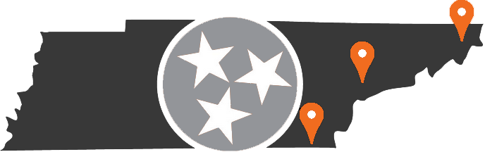 A map of tennessee with three stars and three orange pins.