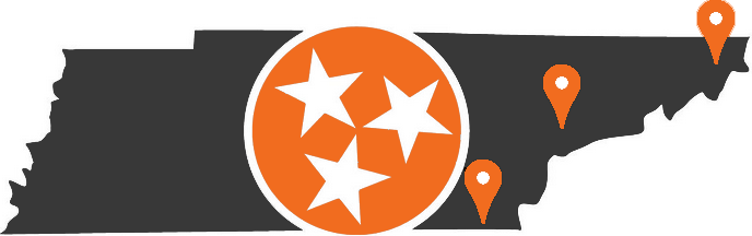 A map of tennessee with three stars in a circle.