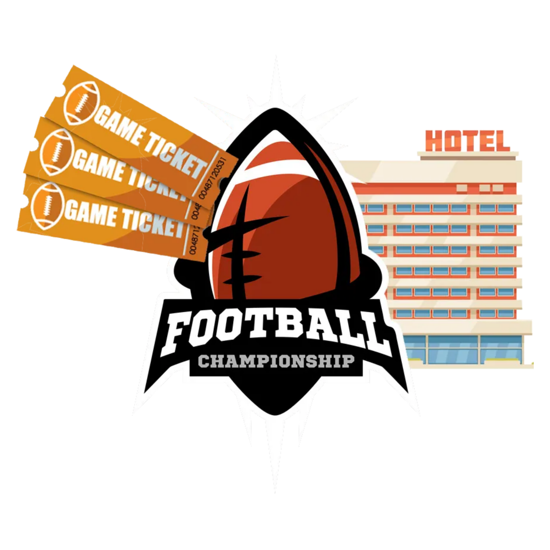 A football championship logo with a hotel in the background